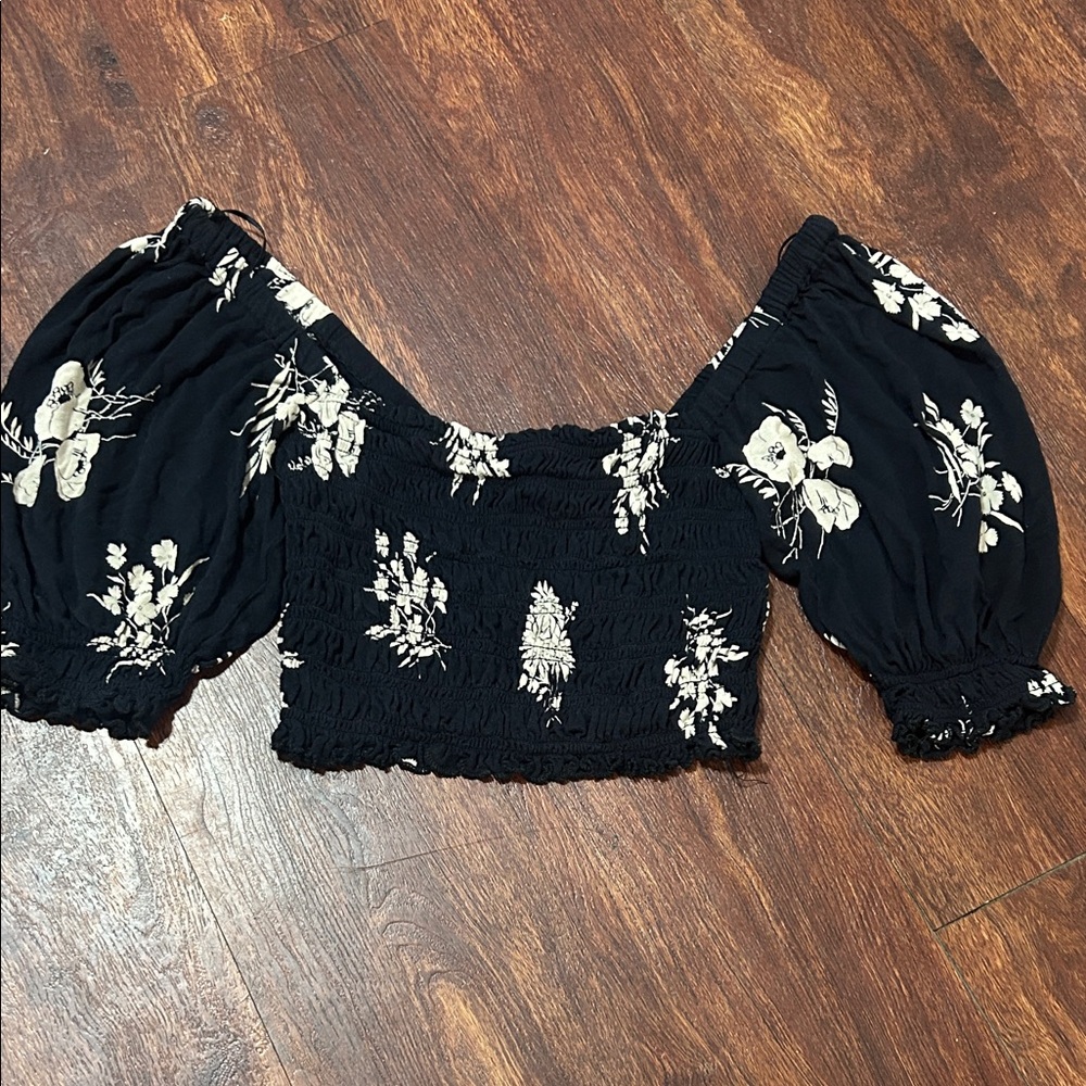 Urban Outfitters Black Floral Off-Shoulder Smocked Crop Top